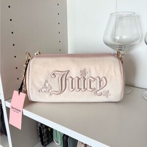 Juicy Couture “Juicy In The Sky” Pink and Cream Embroidered Barrel Shoulder Bag